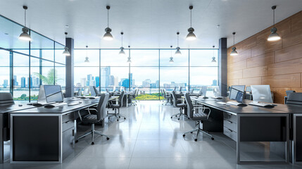 Open office with a view from a large window interior. 3d illustration