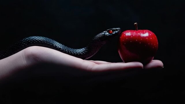 Black snake coiled around hand holding red apple in dark setting with dramatic lighting and contrasting colors 4k video footage