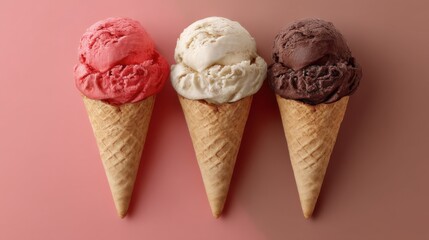 Delicious ice cream cones with fruity and rich flavors on a pastel background