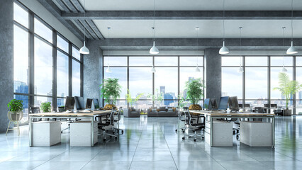 Open office with a view from a large window interior. 3d illustration