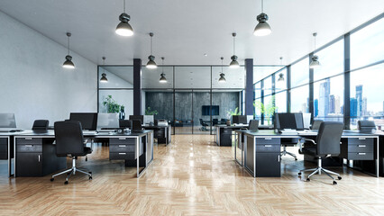 Open office with a view from a large window interior. 3d illustration