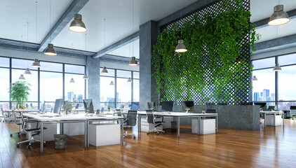 Open office with a view from a large window interior. 3d illustration