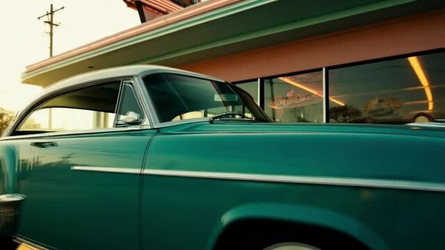 Blue car parked in front of red and white restaurant. Smooth repeating motion for background video animation.