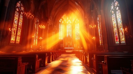 Sunlight streams through stained-glass windows in a grand church