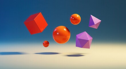 Colorful geometric shapes in 3D floating against a gradient background  
