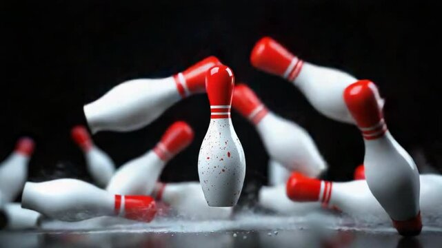Dramatic Scene of Bowling Pins in Motion with a Focused Pin in the Center Against a Dark Background 4k video footage