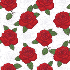 Vector red roses and green leaves with purple outlines against white background seamless pattern. Perfect for fabric, scrapbooking and wallpaper projects.