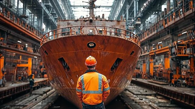 Shipyard worker observing large ship under repair