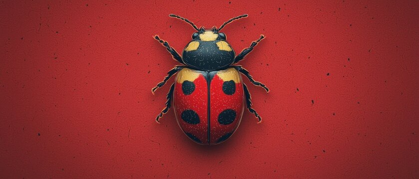 Detailed close-up of a ladybug on a red background.  Intricate design showcased