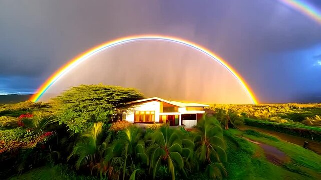 Stunning full rainbow over tropical house and lush landscape footage