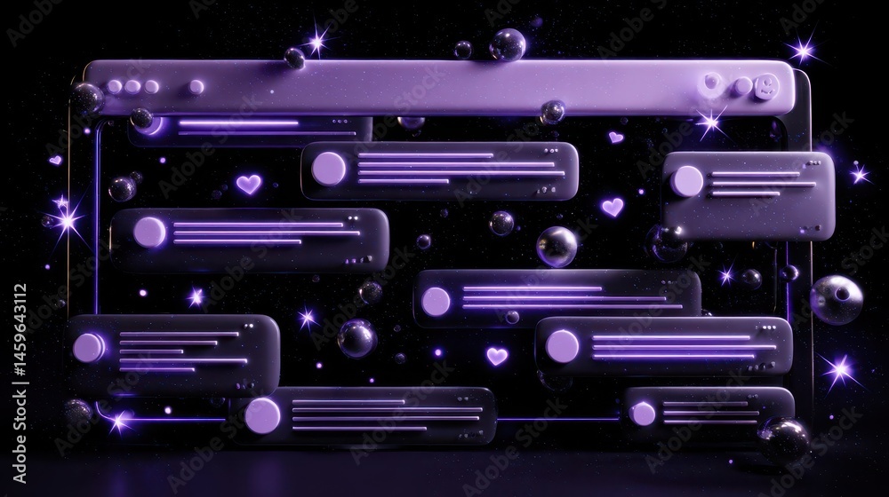 Poster purple digital interface with floating messages and elements.