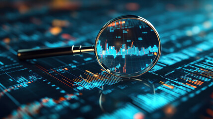 Magnifying Glass on Financial Data Screen Showing Blue Charts and Graphs