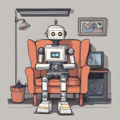 Fototapeta premium A 3D illustration of a broken robot sitting in a chair surrounded by a living room setting.