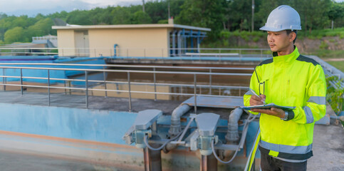 Environmental engineers work at wastewater treatment plants,Water supply engineering working at...