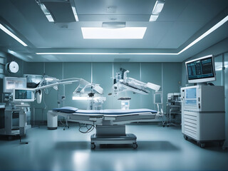 Une salle d'opération d'hôpital avec une table chirurgicale et du matériel médical. Illustration.