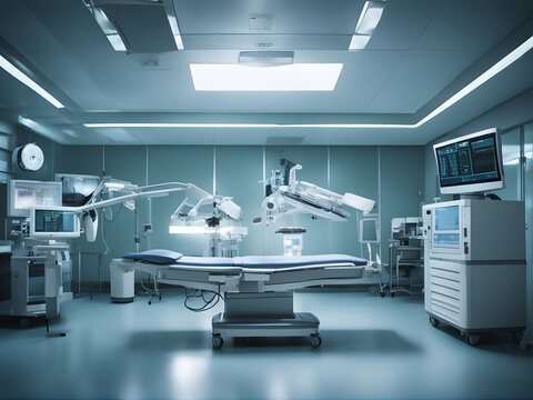 Une salle d'op&eacute;ration d'h&ocirc;pital avec une table chirurgicale et du mat&eacute;riel m&eacute;dical. Illustration.