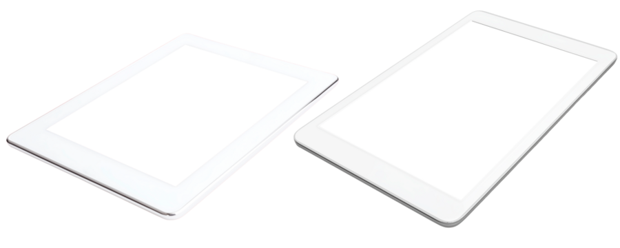 Set of white digital tablet with white screen, cut out white background. Perspective photo