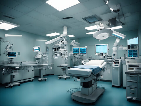 Une salle d'op&eacute;ration d'h&ocirc;pital avec une table chirurgicale et du mat&eacute;riel m&eacute;dical. Illustration.