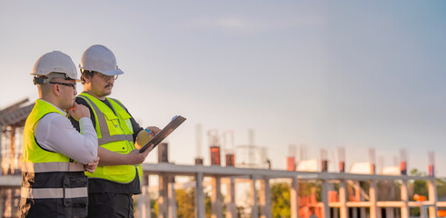 Two Asian engineer working at site of a large building project,Thailand people,Work overtime at...