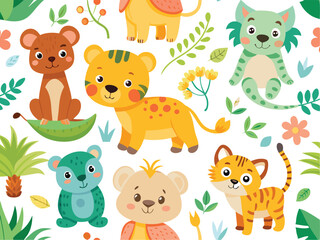Seamless Safari Animal Pattern – Cute Hand-Drawn Jungle Friends for Kids