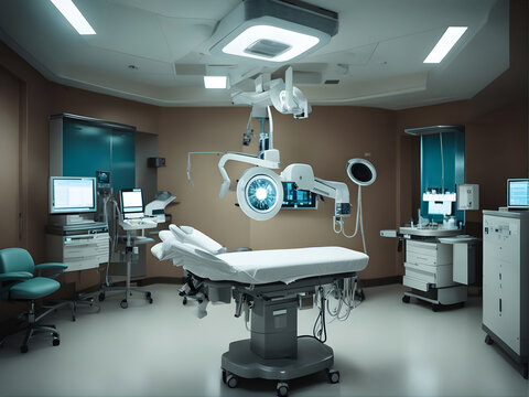 Une salle d'op&eacute;ration d'h&ocirc;pital avec une table chirurgicale et du mat&eacute;riel m&eacute;dical. Illustration.