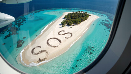 Aerial View from Plane Window of Tropical Island with SOS Message on Beach