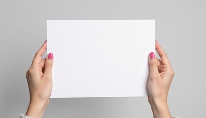Obraz premium Clean White Blank Paper Held by Woman's Hands with Pink Nails on Grey Background