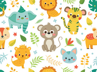 Seamless Safari Animal Pattern – Cute Hand-Drawn Jungle Friends for Kids