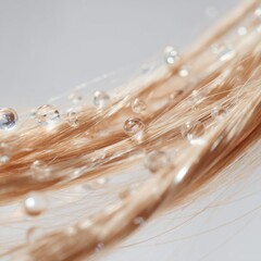 Close up of wet blonde hair strands with droplets glistening in soft light