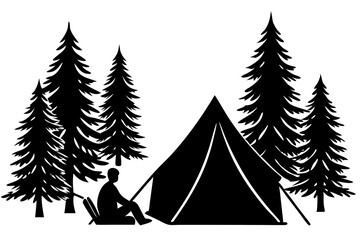 Person sitting under a tent silhouette vector illustration design, tent, person, camping, silhouette, vector, design, outdoor, adventure, travel, vacation, relaxation, holiday, recreation, isolated