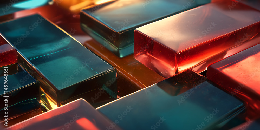 Aufkleber Abstract image of glossy rectangular blocks in teal, red, and amber hues, creating a modern and vibrant design, showcasing a geometric pattern with depth and light reflections