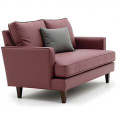Modern mauve leather loveseat with plush cushions, dark wood legs, and a stylish gray accent pillow.