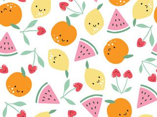 DOODLE SEAMLESS FRUIT PATTERN CHERRY LEMON ORANGE AND WATERMELON PATTERN IDEAL FOR KIDS WEAR, PAJAMA, SLEEPWEAR, WRAPPING PAPER WALL PAPERS VECTOR FILE.