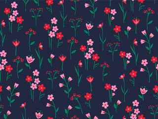 PINK AND RED FLORAL WITH DOODLE SEAMLESS PATTERN WITH DARK BACKGROUND IDEAL FOR KIDS WEAR, SLEEPWEAR, PAJAMA, WALLPAPER, WRAPPING PAPPER IN VECTOR FILE