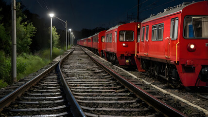 Red Train Engines on Wet Railway 