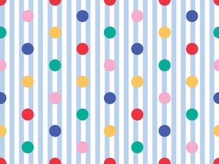 COLORFUL POLKA DOT SEAMLESS PATTERN ON BLUE STRIPE BACKGROUND CIRCUS FUN CIRCUS THEME IDEAL FOR KIDS WEAR, SLEEPWEAR, PAJAMA, WALLPAPER, WRAPPING PAPPER IN VECTOR FILE