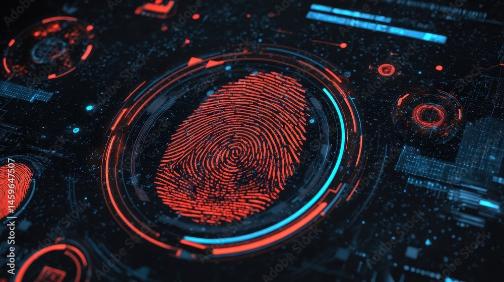 Poster digital fingerprint interface with glowing circular elements.