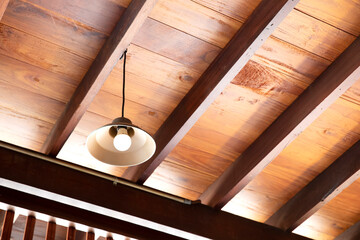 Pendant lighting hanging from the wooden ceiling.