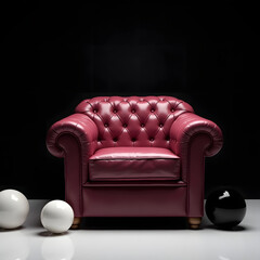 Luxurious deep pink Chesterfield armchair with tufted leather upholstery, rolled arms, and classic button detailing, set against a dramatic black backdrop.