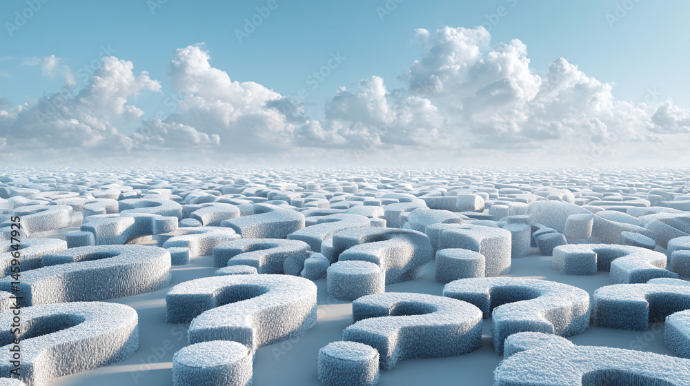 Poster numerous light-grey, textured question marks extend to a cloudy horizon, symbolizing uncertainty, qu