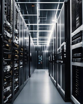 A long corridor of a data center with rows of computer servers and equipment.