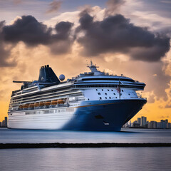 Obraz premium A large cruise ship docked in a harbor with a cityscape in the background.