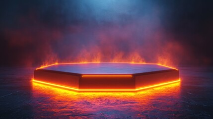 Futuristic Octagonal Platform with Neon Orange Glow and Smoke Effect Sci Fi Scene