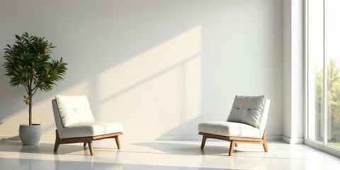 Fototapeta premium Serene Minimalist Living Room Interior Design with Two Modern Armchairs and a Potted Plant Basking in Sunlight