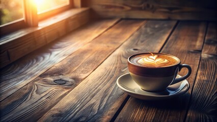 Aromatic Coffee Delight Warm Latte Art on Rustic Wood Table Near Sunny Window