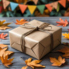 A neatly wrapped gift box with rustic twine, surrounded by autumn leaves and colorful bunting in the background, creating a festive fall atmosphere.