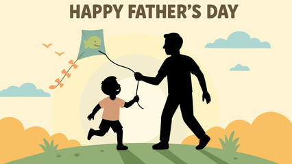 Father and child flying a kite together in a scenic outdoor. The image captures a joyful bonding moment with a warm, sunset-inspired background and playful design elements.