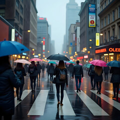 A crowd of people with umbrellas cross a rainy city street, surrounded by tall buildings and glowing lights on a misty day.