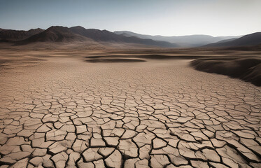 A barren dry landscape with a vast empty space and a few rocks in the distance. The ground is cracked and dry indicating a severe drought.