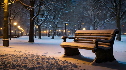Snowy Park Bench at Night